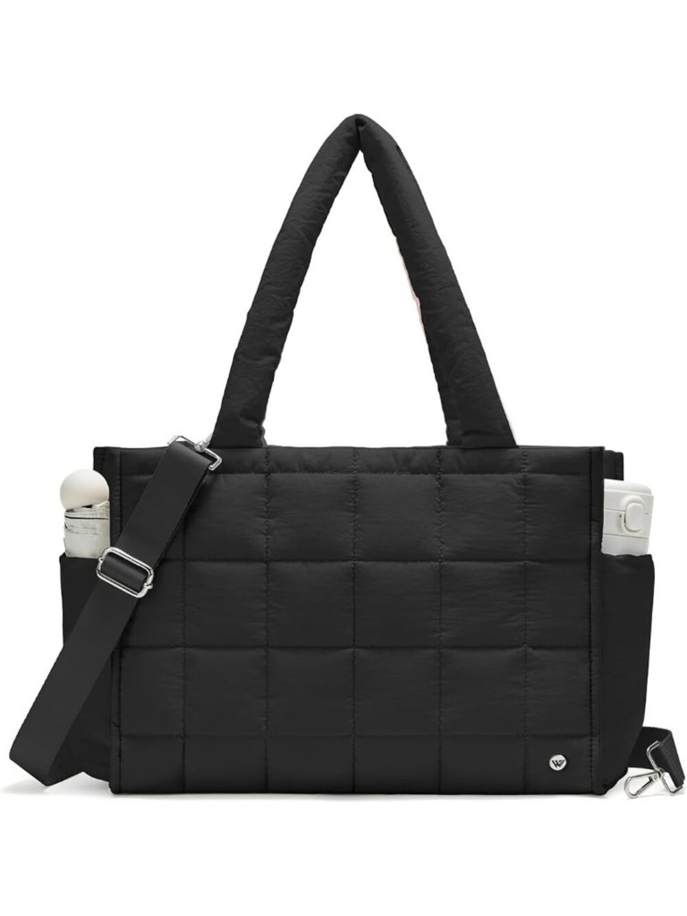 Women's Black Quilted Zipper Tote Bag Puffy Weekender Overnight Nylon Shoulder